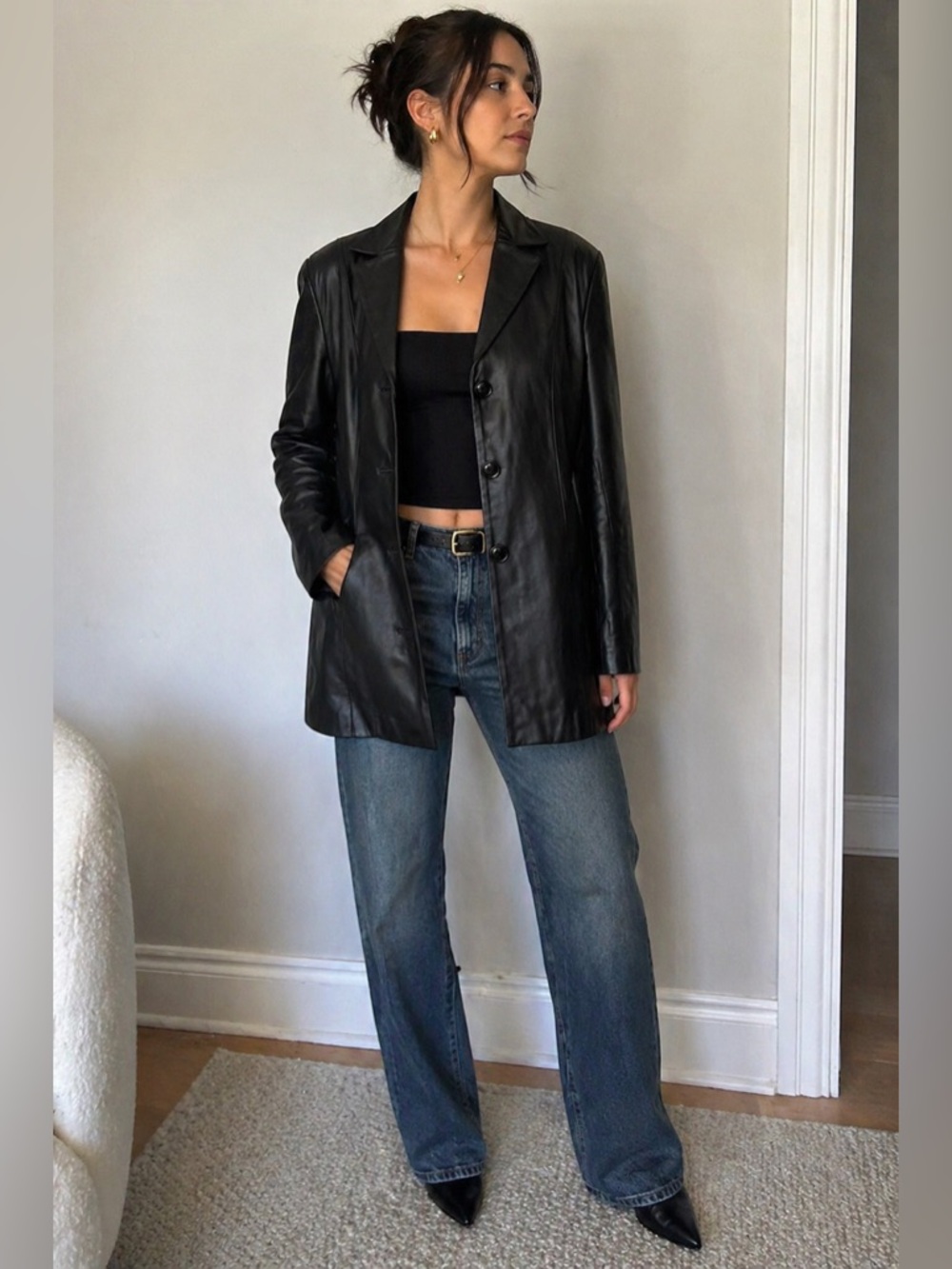 Vintage Black Genuine Leather Coat Minimalist Button Front Size L